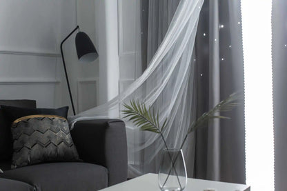 Custom Made Bright Double Layer Blackout Star Hollow Curtains with Lace Tulle Fabric for Home Living Room Bedroom Window Decor