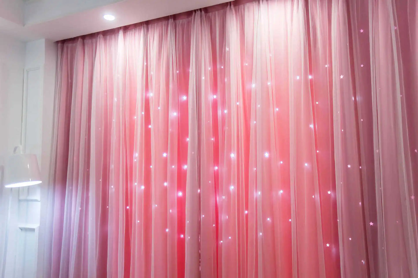 Custom Made Bright Double Layer Blackout Star Hollow Curtains with Lace Tulle Fabric for Home Living Room Bedroom Window Decor
