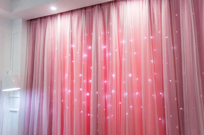 Custom Made Bright Double Layer Blackout Star Hollow Curtains with Lace Tulle Fabric for Home Living Room Bedroom Window Decor
