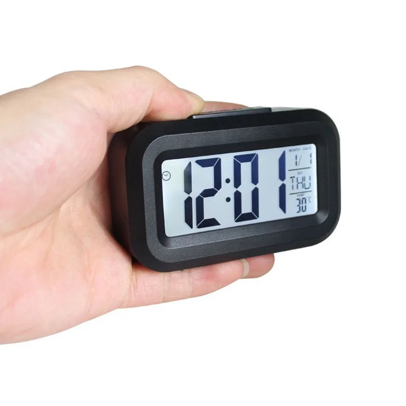 Battery Powered Mini Digital Alarm Clock Temperature Date Week Backlight Snooze Mute Table Clock 12/24H Countdown LCD Clock