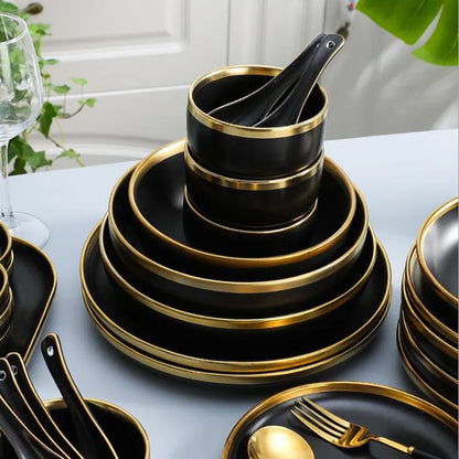 Rim Rim Black Porcelain Dîner assiettes Plats de cuisine Céramique Table Varelle Plateau de nourriture Salade de riz Nouilles Couvoirs de bol