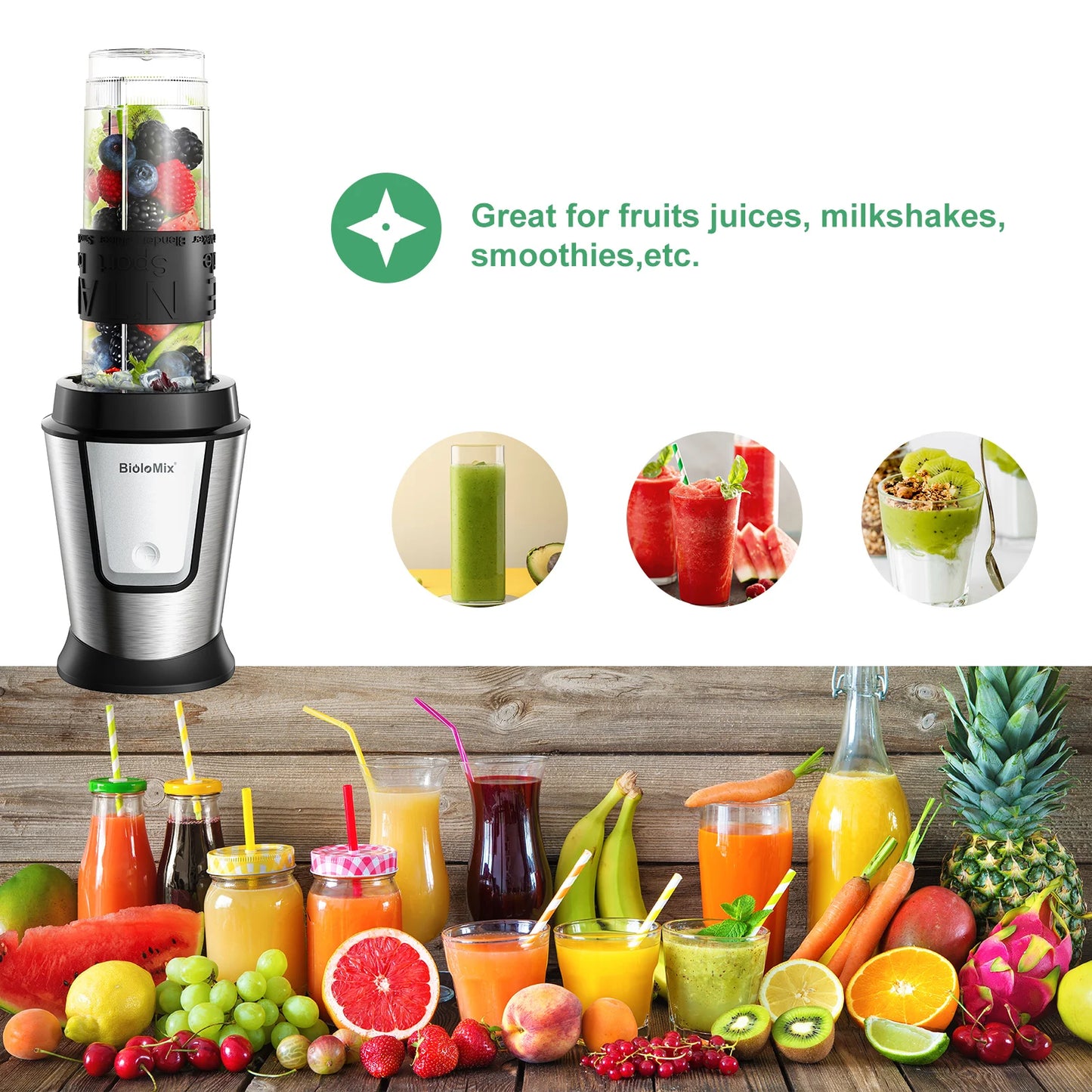Biolomix 3 em 1 processador de alimentos multifuncional 700w portátil espremedor liquidificador pessoal smoothie misturador picador de alimentos e moedor seco