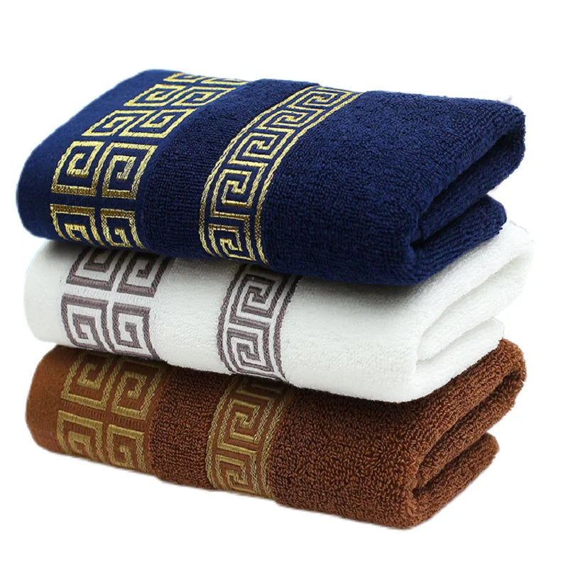 2pcs Set Cotton Towel 1pcs Hand Towel 34x74cm and 1pcs Big Bath Towel 70x140cm Blue White Brown Geometric Embroidered Gift Towel