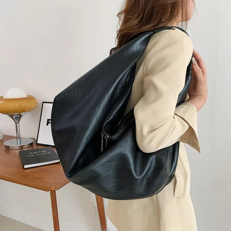 Big Black Shoulder Bags for Women Large Hobo Shopper Bag Solid Color Quality Soft Leather Crossbody Handbag Lady Travel Tote Bag