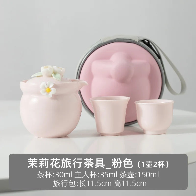 Simple Jasmine Kung Fu Tea Set Outdoor Portable Travel Tea Set Ceramic One Pot Two Cups Chinese Tea Ceremony Accessories
