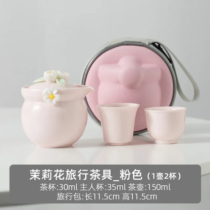 Simple Jasmine Kung Fu Tea Set Outdoor Portable Travel Tea Set Ceramic One Pot Two Cups Chinese Tea Ceremony Accessories