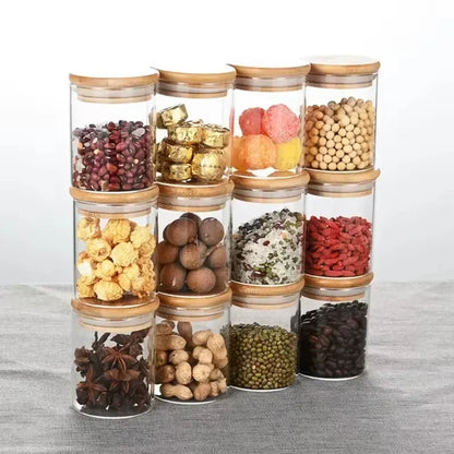 12 Pcs Square or Round Glass Food Storage Containers Glass Seasonning Jars with Bamboo Lid Printed Labels Kitchen Organization