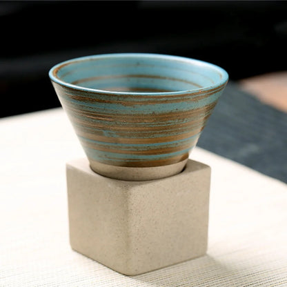 100ml Coarse Pottery Coffee Mugs, Japanese Style Ceramic Tea Cups Triangular Cone Shape Porcelain Retro Mug with Square Base