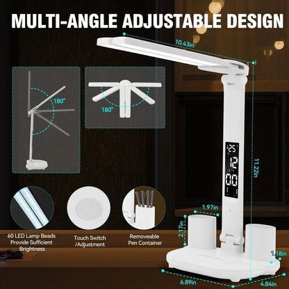 LED Clock Table Lamp USB Chargeable Touch Desk Lights 2 Heads 180 Rotate Foldable Eye Protection Desktop Reading Night Lights