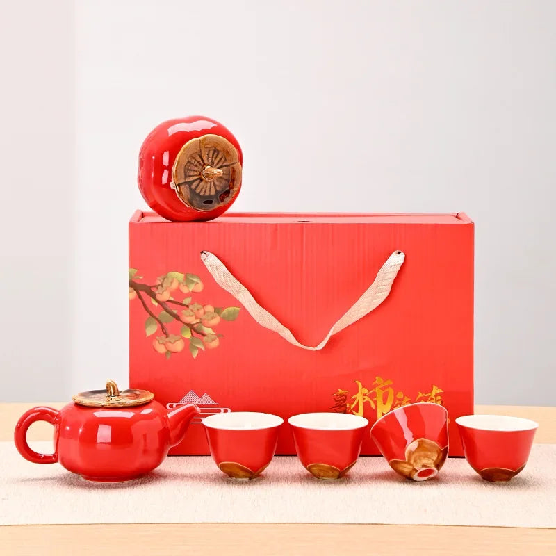 Ceramic Persimmon Kung Fu Tea Set Wedding Gift Chinese Red Wedding Banquet Set Gift Box Tea Set