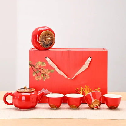 Ceramic Persimmon Kung Fu Tea Set Wedding Gift Chinese Red Wedding Banquet Set Gift Box Tea Set
