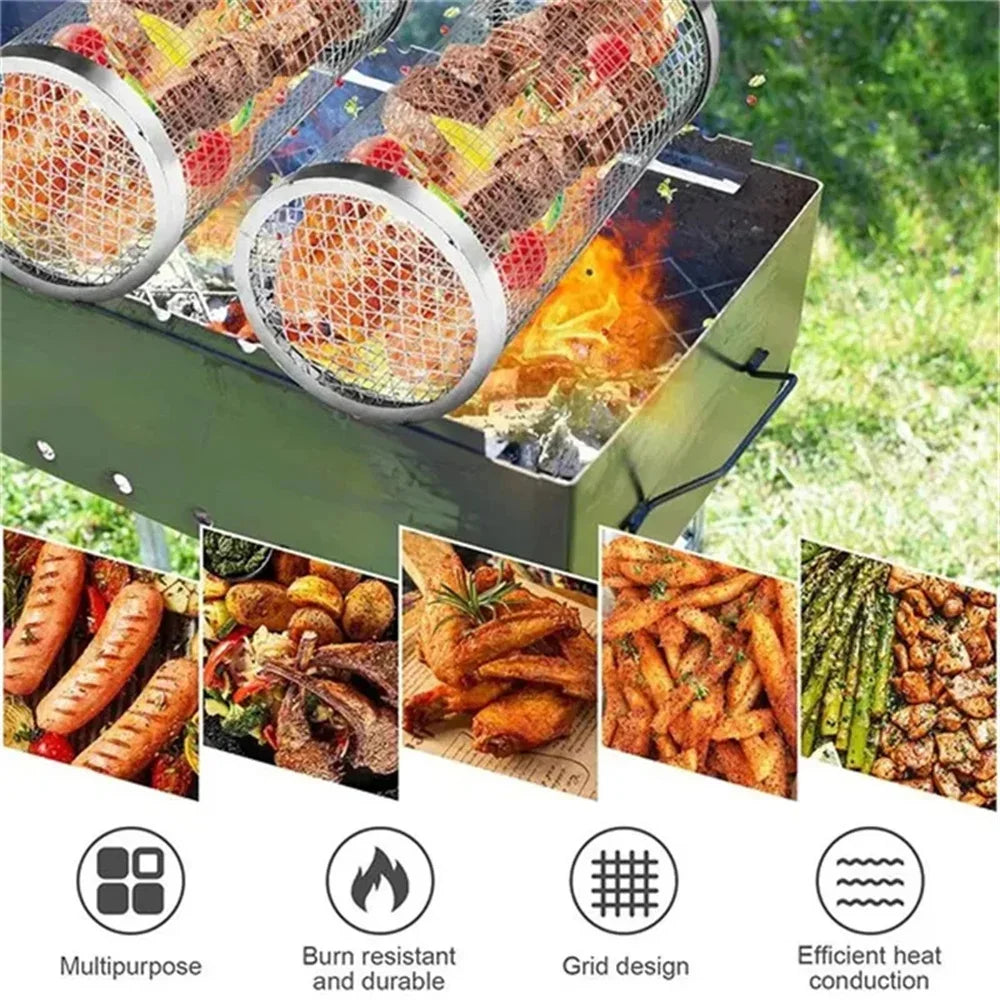 1pc BBQ Cage Rolling rostfritt stål utomhus Grillkorg Grill Mesh Camping Barbecue Rack BBQ Grill Accessories Tool