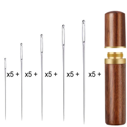 25 pcs große Augennadeln, 5 Größen Big Eye Hand nähen scharfe Nadeln Stickelfadennadel mit Holznadelgehäuse