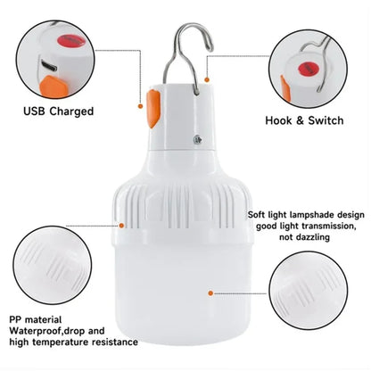 1kpl USB: n USB -ladattavat LED -lamppujen lamput 60w hätävalo koukkua retkeilykalastus kannettavia lyhtyjen yövaloja LT014