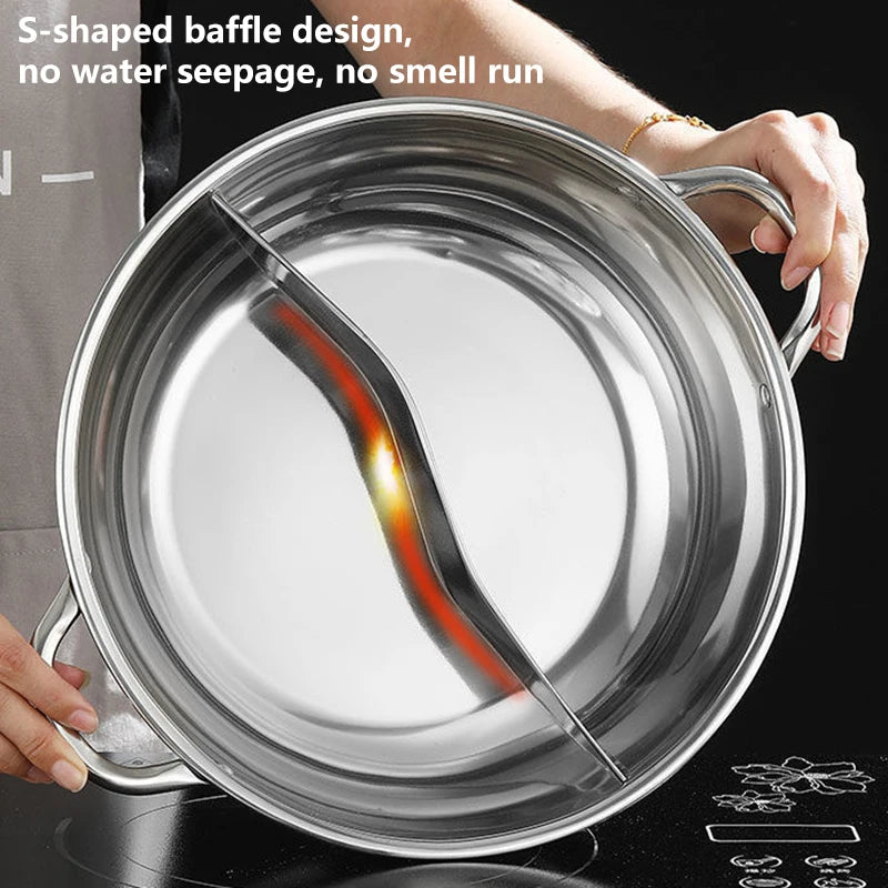 32cm Twin Divided Hot Pot Stainless Steel Hotpot Kitchen Cooker Home Cooking Cookware Dish Plate Compatible Cooker Gas Stove