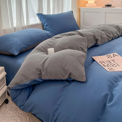2-side Solid Color Brush Fabric Bed Set 4 Pieces Duvet Cover Pillowcase Bedding Set Bed Sheet Quilt Cover Single Queen King Size