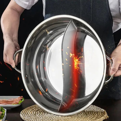 28/30cm Twin Divided Hot Pot Stainless Steel Hotpot Kitchen Cooker Home Cooking Cookware Dish Plate Compatible Cooker Gas Stove