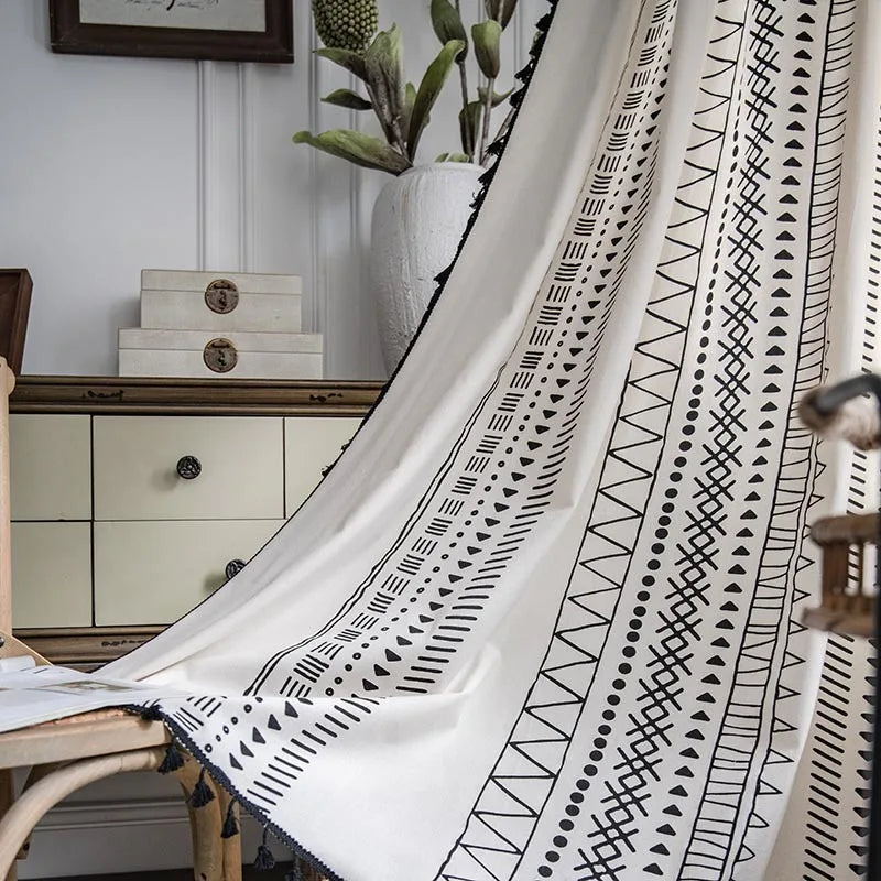 American Bohemian cotton and linen printed geometric perforated shading bedroom bay window kitchen finished curtain