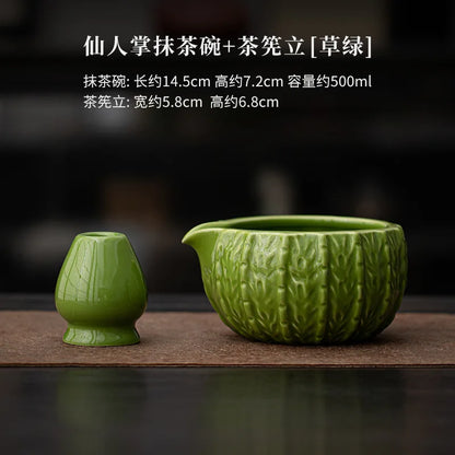 Japanese Cactus Matcha Set with Ceramic Bowl Bamboo Matcha Whisk Teaspoon Tea Sets Tea Lovers Gifts Tea-making Tools Accessories