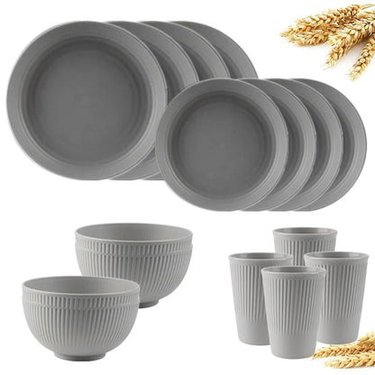 4/16Pcs Grey Straw Cutlery Set Dishes Bowls Disk Water Cup Tableware Plastic Unbreakable Polypropylene Kitchen Dinnerware