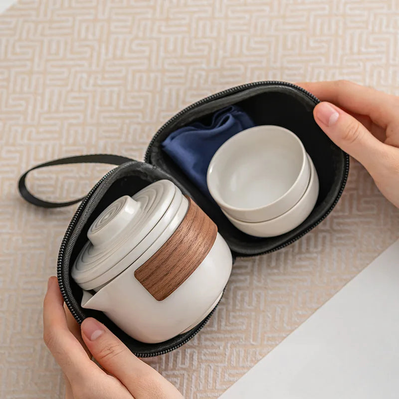 1 set of portable teacup set travel set ceramic kung fu tea set outdoor camping one teapot and two cups of gifts