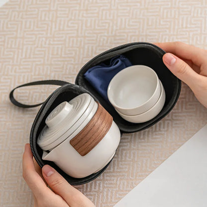 1 set of portable teacup set travel set ceramic kung fu tea set outdoor camping one teapot and two cups of gifts
