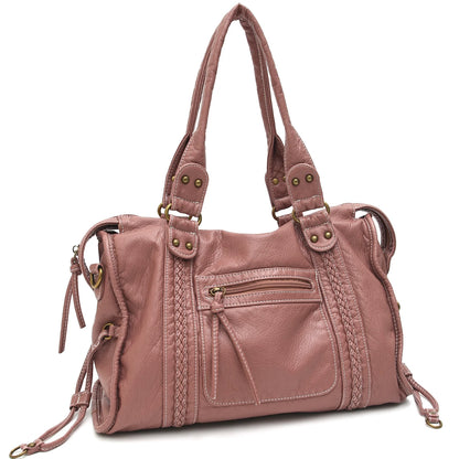 Vintage gewaschenes PU-Leder, große Kapazität, Reißverschlusstaschen, Zopfdekor, Schulter-Umhängetasche, Unisex, Damen, tägliche Reisehandtasche