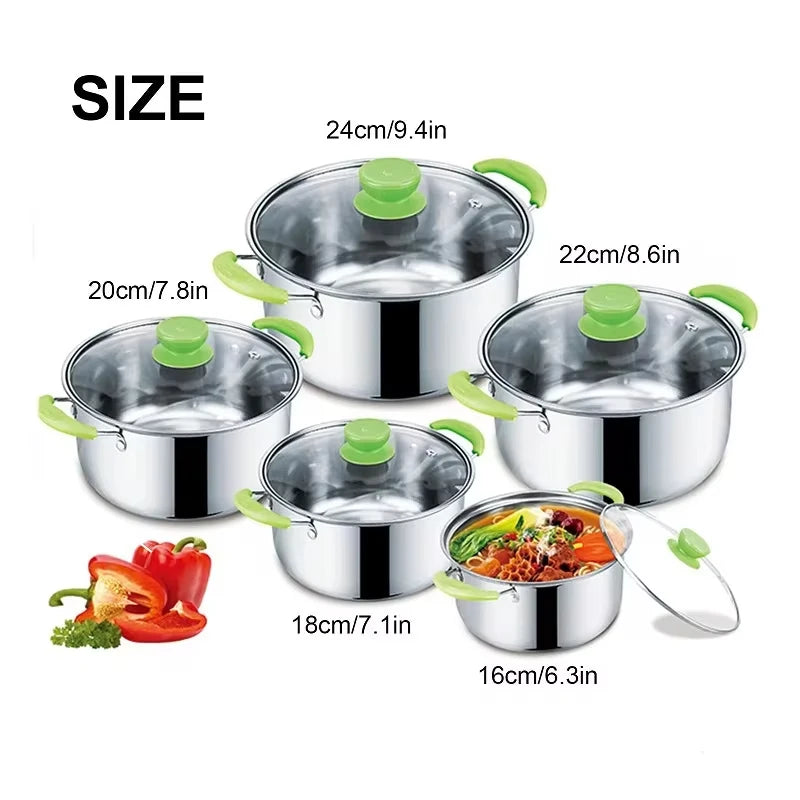 5pcs / Set Pots en acier inoxydable Cuisine anti-magnétique Pots polyvalents à double fond Stockpot Induction antiadhésive Suise de cuisine