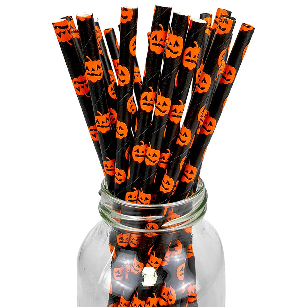 25/50 / 100pcs Hallowowen Partei CastreS Pabeierstrade schwaarz an orange Party-partografable Drénkwaasser Stréimunge fir Halloween