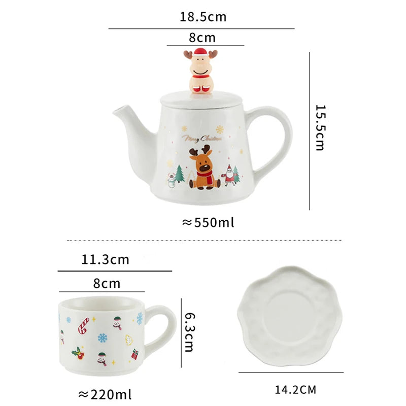 Christmas Ceramics Teaware Sets Coffee Cup & Saucer Santa Claus Elk Snowman Tea Pot and Cup Set Drinkware Xmas Gift 1 Pot 2 Cups