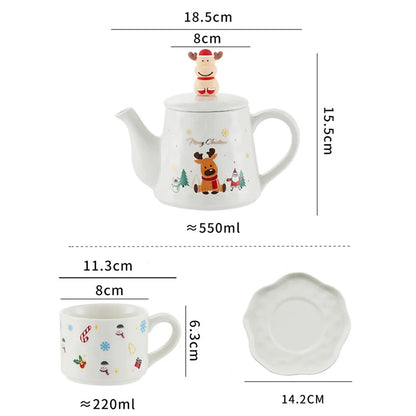 Christmas Ceramics Teaware Sets Coffee Cup & Saucer Santa Claus Elk Snowman Tea Pot and Cup Set Drinkware Xmas Gift 1 Pot 2 Cups
