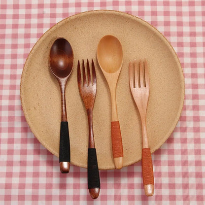 2PCS Wooden Kitchen Supplies Rice Dinner Kit Soups Dinnerware Sets Fork Tableware Spoon DIY