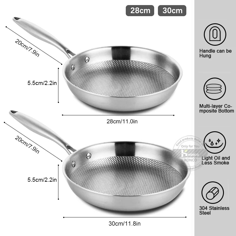 Konco 28/30cm Frying Pan 304 Oțel inoxidabil woks antiaderent oală de prăjitură de gătit Wok Flat Frying Pan Induction Gazdă de gaz