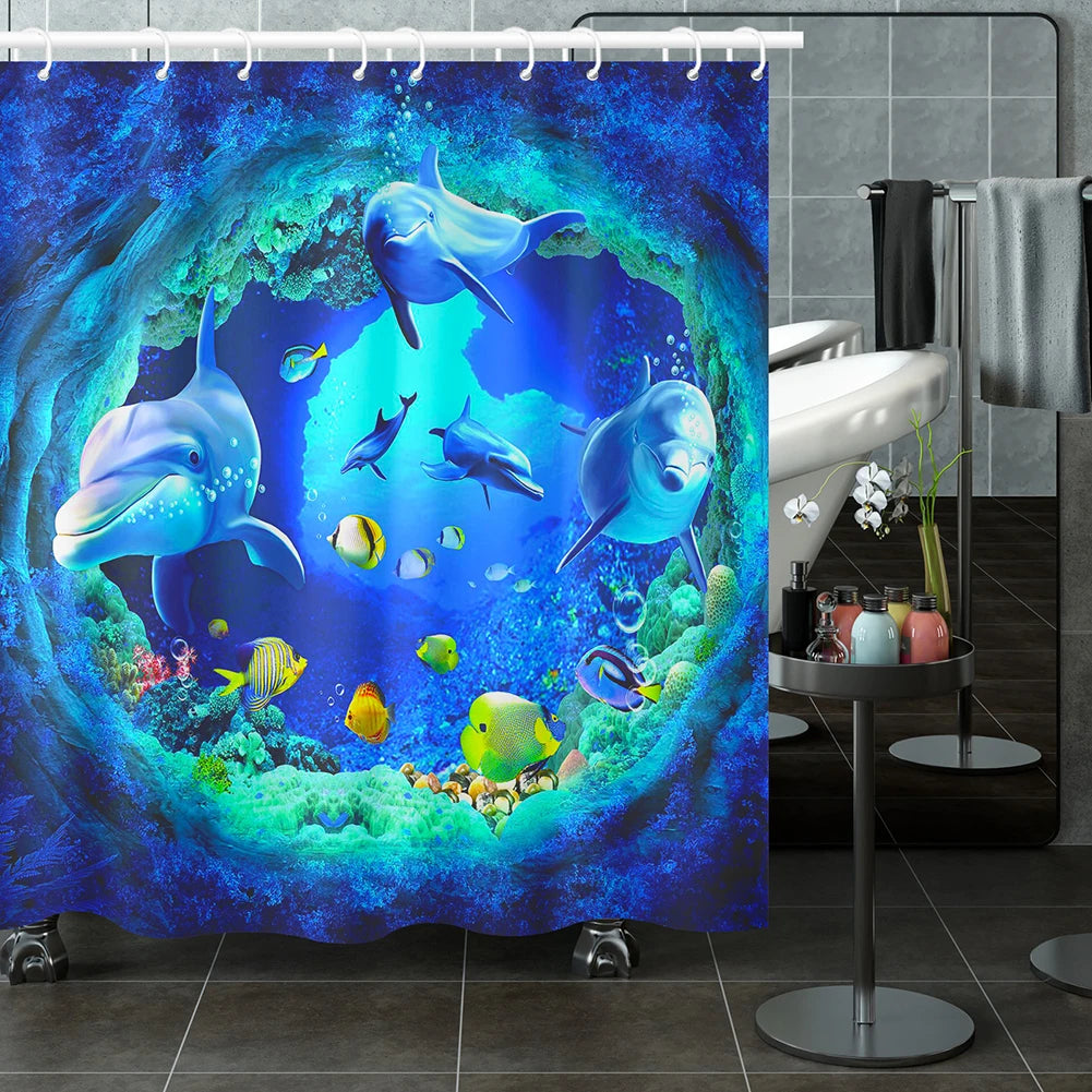 Dolphin Shower Curtain Blue Underwater World Marine Life Polyester Fabric Kids Ocean Theme Bathroom Decor Set with 12 Hooks