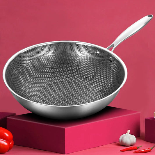 32cm κουζίνα Wok Pan Uncosted Fying Pan 7-Layer ανοξείδωτο χάλυβα σφυρηλάτηση για ηλεκτρικές, επαγωγικές και αέριο σόμπες υγιεινά μαγειρικά σκεύη