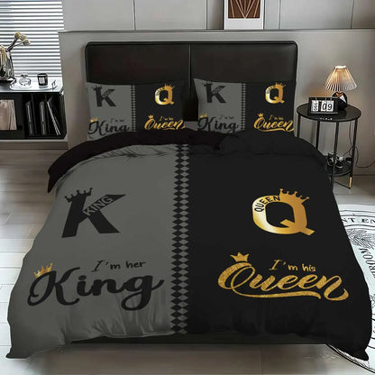 3pcs fashionable black gray K and Q design printed bedding set, soft, comfortable and breathable duvet cover, bedroom, hotel