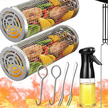 BBQ Basket Stainless Steel Rolling Grilling Basket Wire Mesh Cylinder Grill Basket Portable Round Outdoor Camping Barbecue Rack