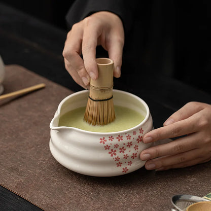 1-8Pcs Matcha sakura Set Japanese Handmade Matcha Teaset Gift Box with Glass Bowl Bamboo Spoon Ceramic Whisk Holder and Sieve