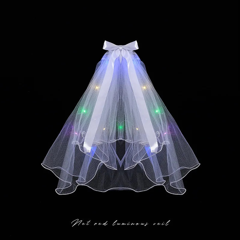 1pcs Glow Wedding Veil LED Light Bowknot Pearl Veil Glow In The Dark Party Favor Wedding Birthday Party Cosplay Hair Accessories