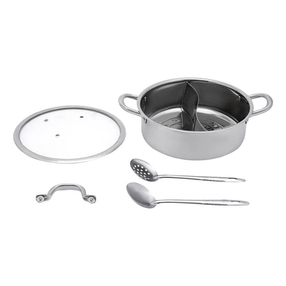 Hot Pot 304 Stainless Steel Hot Pot Cookware 2 Chambers Hot Pot Stove 28 cm Shabu Pot Cooking Pots with Dual and 2 Soup Ladles