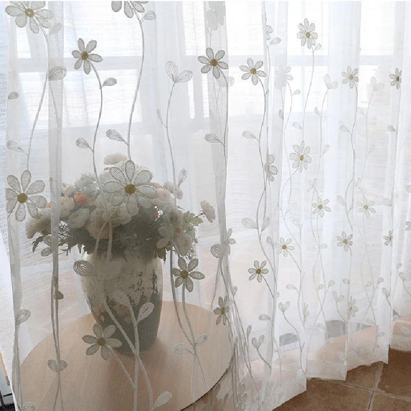 Luxury Floral Embroidered Sheer Curtain for Living Room White Voile Curtain Panel Window Drapery for Bedroom Sliding Glass Door