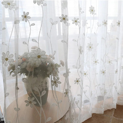 Luxury Floral Embroidered Sheer Curtain for Living Room White Voile Curtain Panel Window Drapery for Bedroom Sliding Glass Door