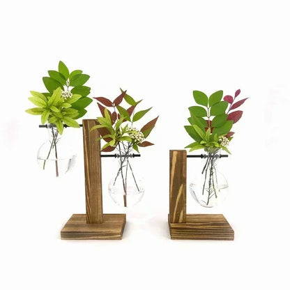 Terrarium Hydroponic Plant Vases Vintage Flower Pot Transparent Vase Træ ramme Glas Tableplanter Hjem Bonsai -indretning