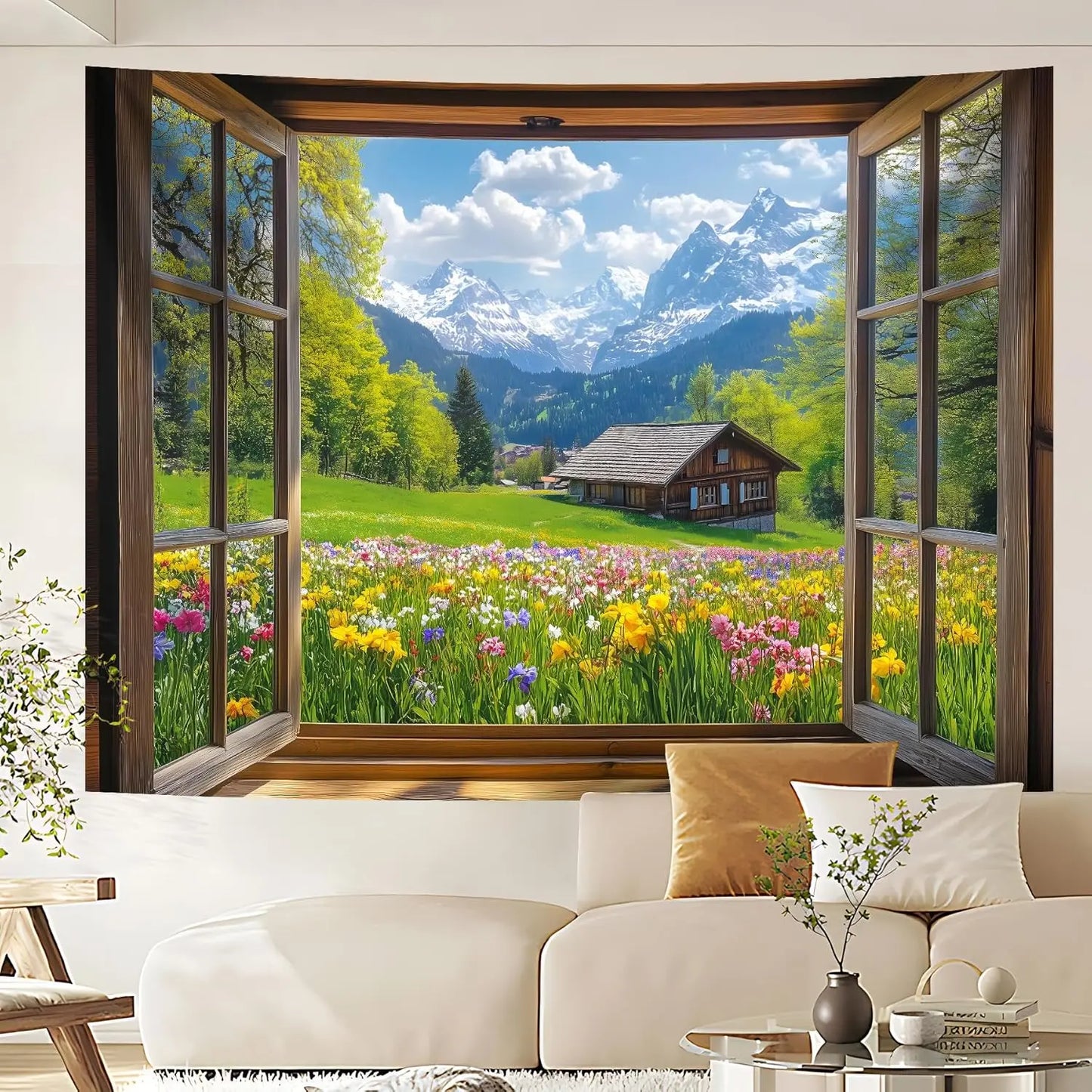 Window Tapestry, Outdoor Forest Tapestry Wall Hanging Natural Landscape Wall Mural for Bedroom Living Room Wall Art Home Decor