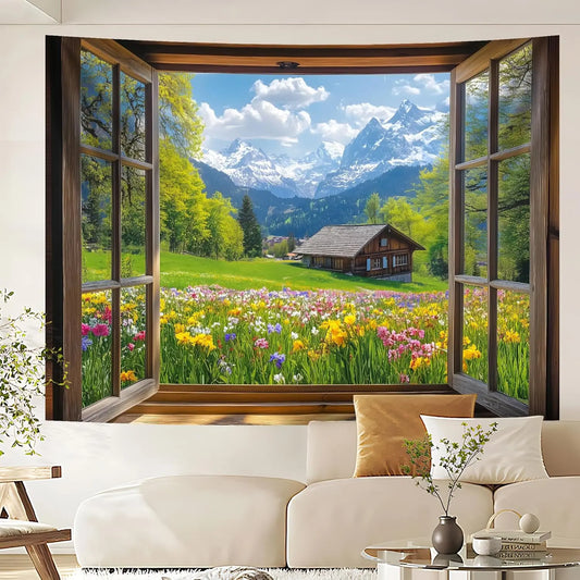 Window Tapestry, Outdoor Forest Tapestry Wall Hanging Natural Landscape Wall Mural for Bedroom Living Room Wall Art Home Decor