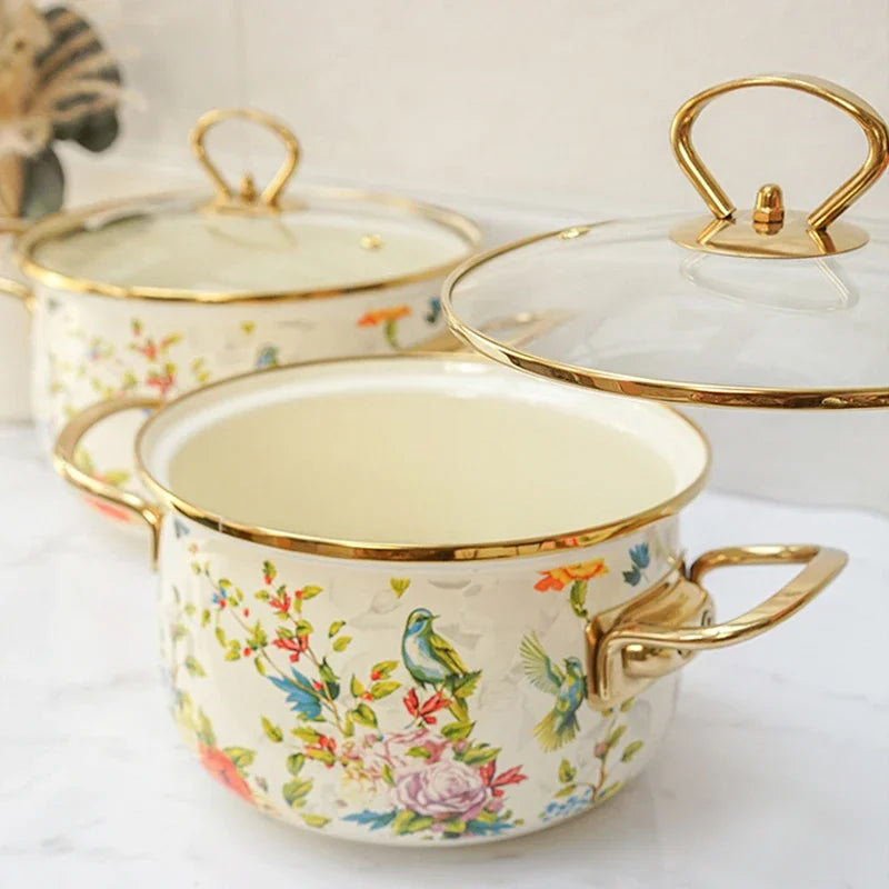 Enamel Soup Pot Retro Flower Bird Binaural Large Capacity Stew Pot with Lid Home Enamel Utensils for Kitchen Delicate Cookware