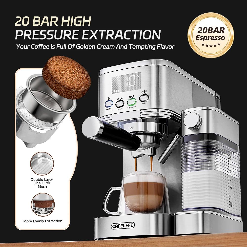 Cafelffe 3in1 Semi Automatic Espresso Cappuccino Latte Coffee Machine Automatic Milk Froth Ground Coffee Stainless Steels 20Bar