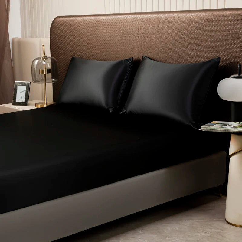 1Pc Satin Fitted Sheet Solid Colour Twin Full Queen Ice Silk Mattress Cover Natural With Elastic Band Bed Sheet (No Pillowcase)