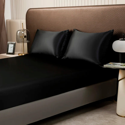 1Pc Satin Fitted Sheet Solid Colour Twin Full Queen Ice Silk Mattress Cover Natural With Elastic Band Bed Sheet (No Pillowcase)