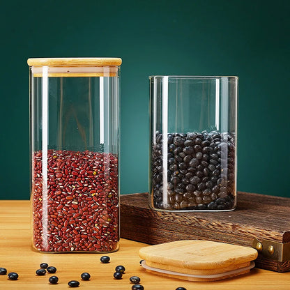 Bocs de rangement en verre carré avec couvercle en bambou pour grains de café nouilles nouilles de rangement alimentaire Conteneurs de cuisine